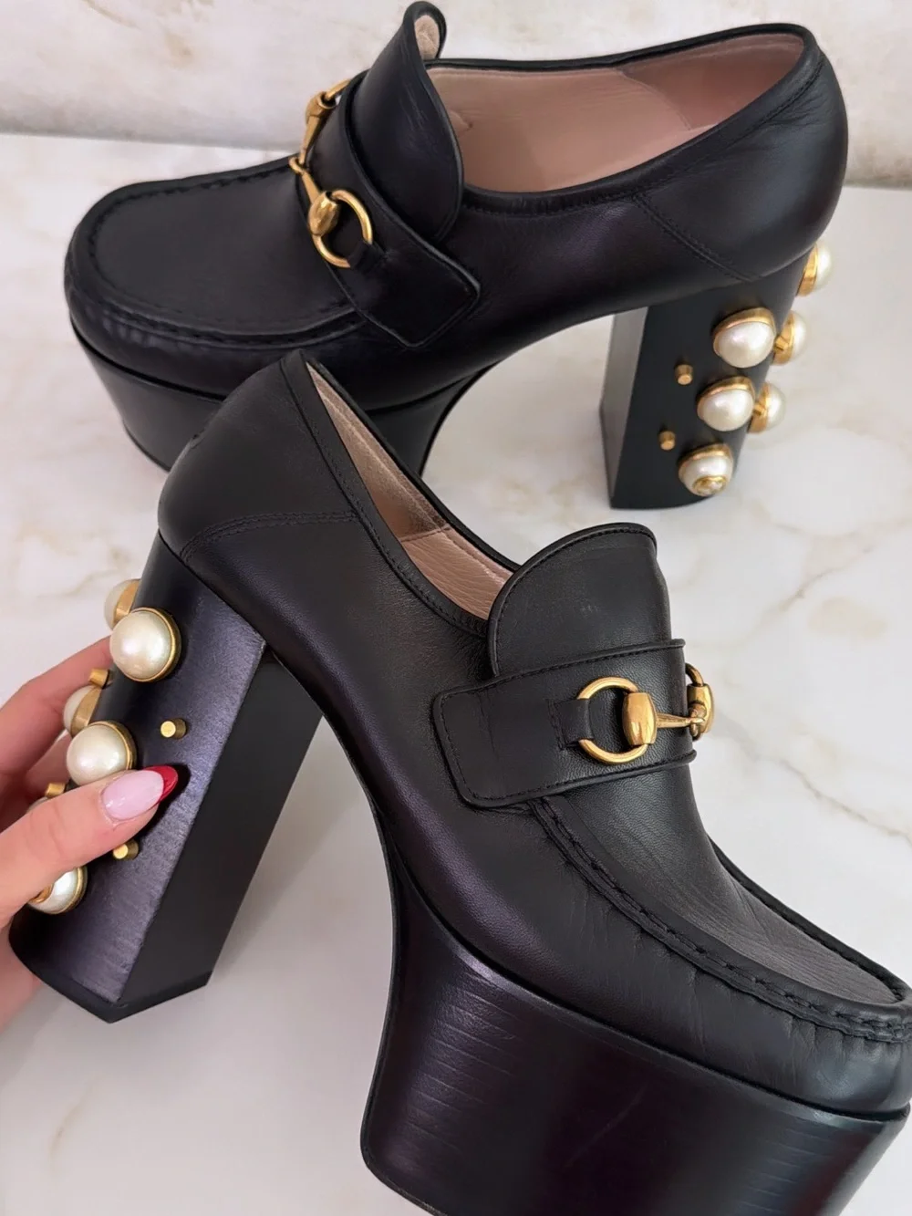 Gucci Black Leather Platform Loafers with Gold Hardware and Pearl Heel Size 38
